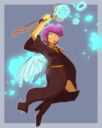 Size: 1024x1280 | Tagged: safe, artist:thattagen, character:scootaloo, species:human, g4, humanized, magic, simple background, solo, species swap, wings