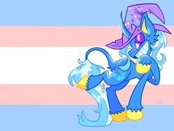 Size: 2048x1536 | Tagged: safe, artist:icky_slicky, character:trixie, species:pony, species:unicorn, g4, leonine tail, smiling, solo, transgender pride flag, trixie's hat