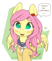 Size: 1051x1218 | Tagged: safe, artist:bunchedupletters, character:fluttershy, species:pegasus, species:pony, g4, :3, abstract background, alternate hairstyle, anime, aoi inuyama, beanbrows, blushing, bronybait, bust, clothing, cute, dawwww, dialogue, eyebrows, hair beads, hair tie, looking at you, open mouth, otakushy, sailor uniform, school uniform, shyabetes, simple background, smiling, snaggletooth, solo, speech bubble, spread wings, sweat, sweet dreams fuel, talking to viewer, text, uniform, weapons-grade cute, wings, yuru camp