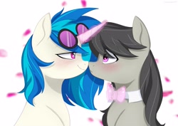 Size: 4093x2894 | Tagged: safe, artist:chickenbrony, character:dj pon-3, character:octavia melody, character:vinyl scratch, species:pony, species:unicorn, ship:scratchtavia, g4, glowing horn, looking at each other, magic, noseboop, petals, simple background