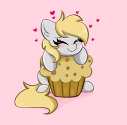 Size: 4096x4028 | Tagged: safe, artist:kittyrosie, character:derpy hooves, species:pegasus, species:pony, g4, chibi, eyes closed, happy, heart, muffin, simple background, smiling, solo, tiny ponies