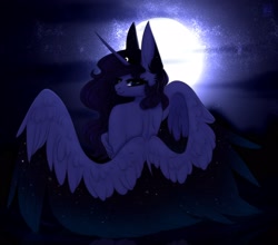 Size: 2048x1804 | Tagged: safe, artist:sgertly, character:princess luna, species:anthro, g4, bare shoulders, big ears, full moon, head turn, looking back, night, solo, spread wings, wing covering, wings
