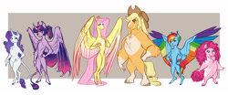 Size: 1920x800 | Tagged: safe, artist:earthsong9405, character:applejack, character:fluttershy, character:pinkie pie, character:rainbow dash, character:rarity, character:twilight sparkle, character:twilight sparkle (alicorn), species:alicorn, species:anthro, species:earth pony, species:pegasus, species:pony, species:unicorn, g4, alternate design, mane six, simple background, two toned wings