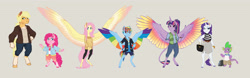 Size: 4386x1367 | Tagged: safe, artist:earthsong9405, character:applejack, character:fluttershy, character:pinkie pie, character:rainbow dash, character:rarity, character:spike, character:twilight sparkle, character:twilight sparkle (alicorn), species:alicorn, species:anthro, species:dragon, species:earth pony, species:pegasus, species:pony, species:unicorn, g4, alternate design, mane six, two toned wings