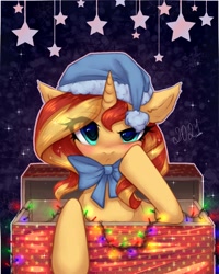 Size: 2000x2500 | Tagged: safe, artist:avrameow, character:sunset shimmer, species:pony, species:unicorn, g4, blushing, bow, complex background, cute, gift box, hoof on cheek, santa hat, shimmerbetes, solo
