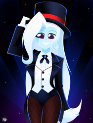 Size: 2448x3264 | Tagged: safe, artist:xan-gelx, character:trixie, species:eqg human, g4, fishnets, looking down, magician outfit, smiling, solo, top hat