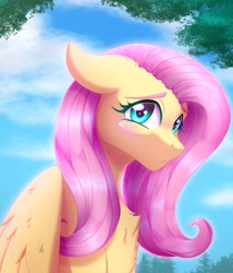 Size: 1337x1560 | Tagged: safe, artist:_ladybanshee_, character:fluttershy, species:pegasus, species:pony, g4, bust, cute, folded wings, looking at you, looking sideways, shy, sky, solo