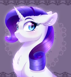 Size: 1266x1364 | Tagged: safe, artist:_ladybanshee_, character:rarity, species:pony, species:unicorn, g4, blushing, bust, chest fluff, cute, looking at you, looking sideways, simple background, solo