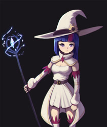 Size: 1800x2132 | Tagged: safe, artist:mrscroup, character:twilight sparkle, species:human, g4, black background, humanized, looking at you, robe, staff, white mage, witch hat