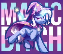 Size: 1371x1197 | Tagged: safe, artist:anticular, character:trixie, species:pony, species:unicorn, g4, blep, cute, glowing horn, magic, raised hoof, simple background, solo, telekinesis, text, tongue out, transgender pride flag, trixie's cape, trixie's hat, vulgar, wand