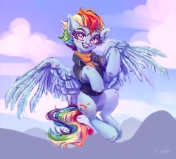 Size: 2048x1849 | Tagged: safe, artist:konejo, character:rainbow dash, species:pegasus, species:pony, g4, flying, leather jacket, looking at you, older rainbow dash, solo, spread wings, wings