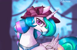 Size: 3831x2482 | Tagged: safe, artist:colochenni, character:princess celestia, species:alicorn, species:pony, g4, bust, clothing, complex background, hat, solo, watercolor painting