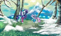 Size: 4096x2458 | Tagged: safe, artist:colochenni, character:rarity, character:sweetie belle, species:pony, species:unicorn, g4, complex background, meadow, snow