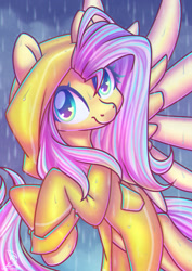 Size: 1600x2264 | Tagged: safe, artist:wavecipher, character:fluttershy, species:pegasus, species:pony, g4, rain, raincoat, smiling, solo, spread wings, wings