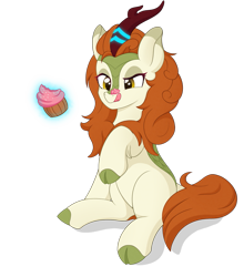 Size: 1083x1228 | Tagged: safe, artist:nathayro37, character:autumn blaze, species:kirin, g4, awwtumn blaze, cloven hooves, colored hooves, cupcake, cute, glowing horn, hooves, licking lips, magic, magic aura, raised hoof, simple background, sitting, solo, telekinesis, transparent background