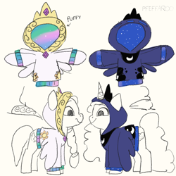 Size: 2048x2048 | Tagged: safe, artist:pfeffaroo, character:izzy moonbow, character:sunny starscout, species:earth pony, species:pony, species:unicorn, g5, celestia's cutie mark, clothing, cute, duo, female, gradient hair, hoodie, izzybetes, luna's cutie mark, mare, multicolored hair, profile, sunnybetes
