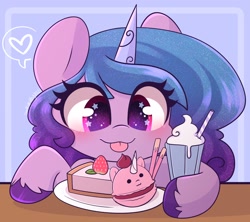 Size: 1800x1600 | Tagged: safe, artist:sakukitty, character:izzy moonbow, species:pony, species:unicorn, g5, blep, colored hooves, colored pupils, cute, drink, eye clipping through hair, female, food, gradient hair, heart, hooves, izzybetes, macaron, mare, milkshake, multicolored hair, pie, simple background, smiling, solo, sparkly mane, starry eyes, strawberry, tongue out, unshorn fetlocks, wingding eyes