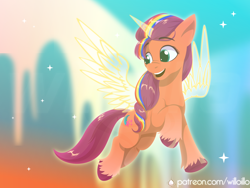 Size: 1600x1200 | Tagged: safe, artist:willoillo, character:sunny starscout, species:alicorn, species:earth pony, species:pony, g5, my little pony: a new generation, alicornified, artificial horn, artificial wings, augmented, colored hooves, cute, female, flying, hooves, horn, magic, magic horn, magic wings, mare, open mouth, open smile, race swap, smiling, solo, spoiler, sunnybetes, sunnycorn, three quarter view, unshorn fetlocks, wings