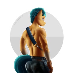Size: 1200x1200 | Tagged: safe, artist:shallowwin, character:hitch trailblazer, species:anthro, species:earth pony, g5, abstract background, backview, bandolier, bare chest, blaze (coat marking), clothing, colored eyebrows, eyebrows, himbo, jeans, pants, partial nudity, profile, signature, simple background, solo, tail, topless