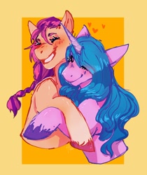 Size: 1008x1200 | Tagged: safe, artist:its_reek, character:izzy moonbow, character:sunny starscout, species:earth pony, species:unicorn, g5, bust, gradient hair, hust, multicolored hair, unshorn fetlocks