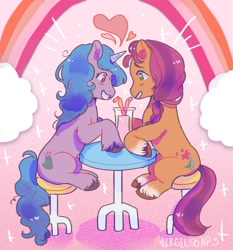 Size: 1116x1200 | Tagged: safe, artist:virgilsoap, character:izzy moonbow, character:sunny starscout, species:earth pony, species:pony, species:unicorn, ship:starbow, g5, blushing, coat markings, cute, female, gradient hair, heart, lesbian, mare, multicolored hair, rainbow, sharing a drink, shipping, sitting, smiling, socks (coat marking), sparkles, unshorn fetlocks