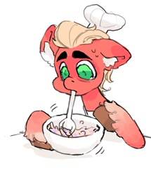 Size: 1032x1200 | Tagged: safe, artist:p0nyplanet, character:sprout, species:earth pony, species:pony, g5, apron, baking, chef's hat, clothing, coat markings, dilated pupils, ear fluff, hat, male, mixing bowl, simple background, socks (coat marking), solo, spoon, stallion, sweat, unshorn fetlocks