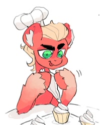 Size: 1032x1200 | Tagged: safe, artist:p0nyplanet, character:sprout, species:earth pony, species:pony, g5, baking sheet, chef's hat, clothing, coat markings, concentrating, cupcake, ear fluff, food, frosting, hat, icing bag, male, simple background, socks (coat marking), solo, stallion, tongue out, unshorn fetlocks