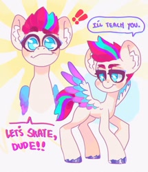 Size: 1032x1200 | Tagged: safe, artist:p0nyplanet, character:zipp storm, species:pegasus, species:pony, g5, bust, colored wings, dialogue, dude, ear fluff, exclamation point, female, mare, no pupils, raised hoof, simple background, solo, unshorn fetlocks, wings