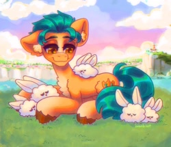 Size: 1200x1032 | Tagged: safe, artist:p0nyplanet, character:hitch trailblazer, species:earth pony, species:pony, species:rabbit, g5, animal, blaze (coat marking), chest fluff, cliff, coat markings, critters, ear fluff, grass, laying on ground, lidded eyes, lighthouse, lying down, male, ocean, socks (coat marking), stallion, unshorn fetlocks
