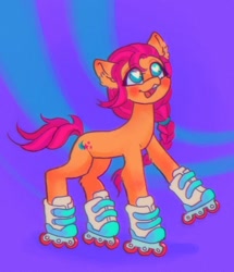 Size: 1032x1200 | Tagged: safe, artist:p0nyplanet, character:sunny starscout, species:earth pony, species:pony, g5, blushing, braid, ear fluff, female, heart eyes, mare, open mouth, raised hoof, rollerblades, rollerblading, simple background, solo, wingding eyes