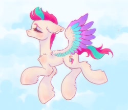 Size: 1200x1032 | Tagged: safe, artist:p0nyplanet, character:zipp storm, species:pegasus, species:pony, g5, blushing, cloud, cloudy, colored wings, cute, eyes closed, female, floppy ears, fluffy, flying, mare, sky, solo, wings