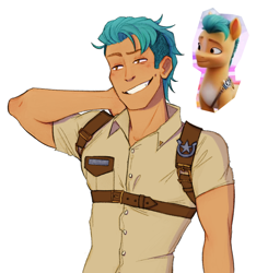 Size: 804x822 | Tagged: safe, artist:naka_thematsu, character:hitch trailblazer, species:earth pony, species:human, g5, arm behind head, bandolier, blaze (coat marking), bust, clothing, grin, humanized, male, polo shirt, simple background, smiling, solo, species swap, white background