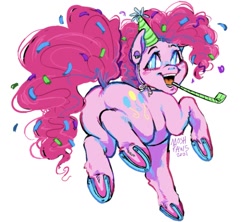 Size: 1200x1064 | Tagged: safe, artist:moshpaws, character:pinkie pie, species:earth pony, species:pony, g4, blushing, clothing, confetti, confetti in mane, ear piercing, earring, eyebrows, female, hat, horseshoes, jewelry, looking back, mare, open mouth, party hat, party horn, piercing, simple background, solo, underhoof, white background