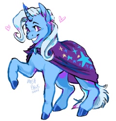 Size: 1153x1200 | Tagged: safe, artist:moshpaws, character:trixie, species:pony, species:unicorn, g4, cape, clothing, female, grin, heart, hooves, mare, raised hoof, simple background, smiling, solo, trixie's cape, white background, white pupils