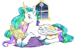 Size: 1200x761 | Tagged: safe, artist:moshpaws, character:princess celestia, species:alicorn, species:pony, g4, book, cloven hooves, cup, drink, drinking, female, harry trotter, hooves, levitation, lying down, magic, mare, moon, night, pillow, reading, realistic horse legs, simple background, sipping, solo, stars, teacup, unshorn fetlocks, window