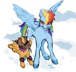 Size: 1200x1137 | Tagged: safe, artist:moshpaws, character:rainbow dash, character:scootaloo, species:pegasus, species:pony, g4, aviator goggles, aviator hat, clothing, cloud, cloudy, female, filly, grin, hooves, knee pads, mare, scootalove, simple background, sky, smiling, smug, smugdash, white pupils, young