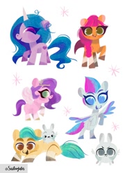 Size: 866x1200 | Tagged: safe, artist:sailorjubs, character:hitch trailblazer, character:izzy moonbow, character:pipp petals, character:sunny starscout, character:zipp storm, species:earth pony, species:pegasus, species:pony, species:rabbit, species:unicorn, g5, blaze (coat marking), braid, coat markings, colored wings, critters, crouching, gradient hair, headband, mane g5, missing cutie mark, multicolored hair, open mouth, pipp wings, raised hoof, rearing, riding on back, simple background, socks (coat marking), sparkles, unshorn fetlocks, white background, wings