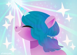Size: 1199x848 | Tagged: safe, artist:sailorjubs, character:izzy moonbow, species:pony, species:unicorn, g5, alternate hairstyle, blushing, bust, eyes closed, female, gradient hair, headband, lineless, mare, multicolored hair, open mouth, short hair, simple background, solo, sparkles, sun rays