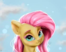 Size: 1280x1022 | Tagged: safe, artist:inkypuso, character:fluttershy, species:pegasus, species:pony, g4, bust, colored eyebrows, colored eyelashes, cute, digital painting, female, looking at you, mare, portrait, shyabetes, sky background, smiling, solo, three quarter view
