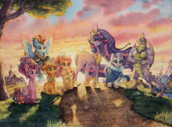 Size: 3966x2922 | Tagged: safe, artist:the-wizard-of-art, character:applejack, character:fluttershy, character:pinkie pie, character:rainbow dash, character:rarity, character:spike, character:twilight sparkle, character:twilight sparkle (alicorn), species:alicorn, species:dragon, species:pegasus, species:pony, species:unicorn, episode:the last problem, g4, my little pony: friendship is magic, alternate hairstyle, backlighting, beautiful, bittersweet, cheek fluff, chest fluff, clothing, cloud, cloudy, commission, crown, dirt path, ear fluff, female, floppy ears, folded wings, gigachad spike, grass, high res, jacket, jewelry, lighting, mane seven, mane six, mare, muscles, neckerchief, older, older applejack, older fluttershy, older mane seven, older mane six, older pinkie pie, older rainbow dash, older rarity, older spike, older twilight, outdoors, painting, princess twilight 2.0, raised hoof, regalia, scene interpretation, sitting, sky, smiling, spread wings, sunset, sweet apple acres barn, teary eyes, the end, traditional art, tree, twilight's castle, unshorn fetlocks, watercolor painting, winged spike, wings