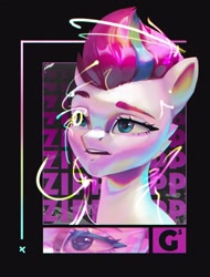Size: 913x1200 | Tagged: safe, artist:annnam_art, character:zipp storm, species:pegasus, species:pony, g5, abstract background, bust, female, magic, mare, painterly, raised eyebrow, solo, typography