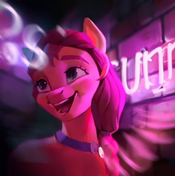 Size: 1193x1200 | Tagged: safe, artist:annnam_art, character:sunny starscout, species:earth pony, species:pony, g5, brick wall, bust, female, happy, mare, neon, neon sign, open mouth, sash, smiling, solo