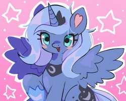 Size: 917x732 | Tagged: safe, artist:10uhh, character:princess luna, species:alicorn, species:pony, g4, blushing, clothing, crown, cute, female, filly, filly luna, jewelry, lunabetes, mare, open mouth, regalia, shoes, simple background, solo, stars, unshorn fetlocks, wings, woona, young, younger