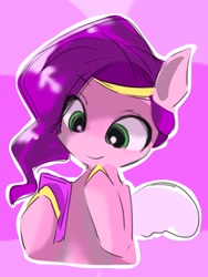 Size: 768x1024 | Tagged: safe, artist:pnpn_721, character:pipp petals, species:pegasus, species:pony, g5, bust, dilated pupils, female, headband, mare, no nose, no nostrils, phone, pipp wings, simple background, smiling, solo, unshorn fetlocks, wings
