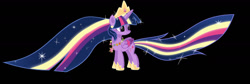 Size: 1280x428 | Tagged: safe, artist:duchesspheonixglow, character:twilight sparkle, character:twilight sparkle (alicorn), species:alicorn, species:pony, episode:the last problem, g4, my little pony: friendship is magic, black background, clothing, colored wings, crown, element of generosity, element of honesty, element of kindness, element of laughter, element of loyalty, element of magic, elements of harmony, female, hoof shoes, impossibly long hair, jewelry, mare, multicolored wings, rainbow power, regalia, shoes, simple background, solo, wings