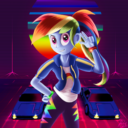 Size: 1500x1500 | Tagged: safe, artist:jphyperx, character:rainbow dash, species:human, g4, my little pony:equestria girls, car, female, futuristic, looking at you, ponytail, retrowave, solo, sun, synthwave