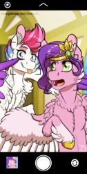 Size: 603x1200 | Tagged: safe, artist:inuhoshi-to-darkpen, character:pipp petals, character:zipp storm, species:pegasus, species:pony, g5, my little pony: a new generation, annoyed, blep, chest fluff, circlet, coat markings, colored eyebrows, colored hooves, colored wings, duo, female, fluffy, hoof fluff, hooves, leg fluff, looking at you, mare, multicolored wings, open mouth, photobomb, pipp wings, selfie, siblings, sisters, sisters being sisters, socks (coat marking), spread wings, three quarter view, tongue out, unshorn fetlocks, wing fluff, wings