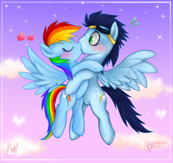Size: 900x847 | Tagged: safe, artist:mn27, character:rainbow dash, character:soarin', species:pegasus, species:pony, ship:soarindash, g4, blushing, cloud, eyes closed, female, flying, heart, kissing, male, mare, profile, shipping, signature, sky, spread wings, stallion, straight, surprise kiss, surprised, wings