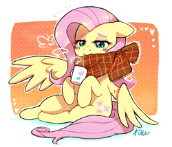 Size: 1806x1546 | Tagged: safe, artist:nendo, character:fluttershy, species:pegasus, species:pony, g4, abstract background, blushing, chocolate, clothing, colored eyebrows, cozy, cute, drink, female, food, holding, hot chocolate, mare, mug, out of frame, scarf, shyabetes, signature, simple background, sitting, solo, spread wings, wings