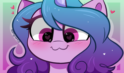 Size: 5125x3050 | Tagged: safe, artist:kittyrosie, character:izzy moonbow, species:pony, species:unicorn, g5, my little pony: a new generation, :3, blushing, bust, close-up, cute, female, gradient background, gradient hair, heart, heart eyes, high res, izzybetes, mare, multicolored hair, portrait, signature, simple background, smiling, solo, wingding eyes